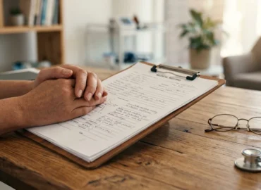 Mãos segurando prontuário médico e guia de autorização de procedimento cirúrgico em consulta de avaliação em São Paulo.