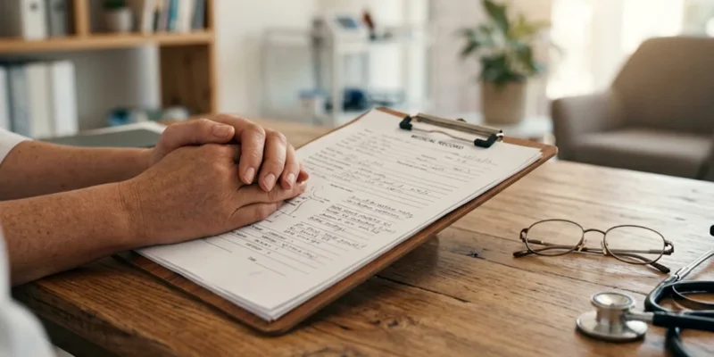 Mãos segurando prontuário médico e guia de autorização de procedimento cirúrgico em consulta de avaliação em São Paulo.