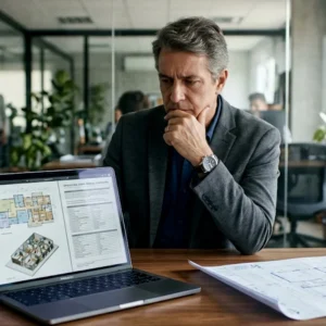 Profissional analisando documentação técnica de entrega de projeto em notebook em escritório corporativo.