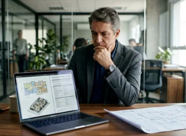 Profissional analisando documentação técnica de entrega de projeto em notebook em escritório corporativo.