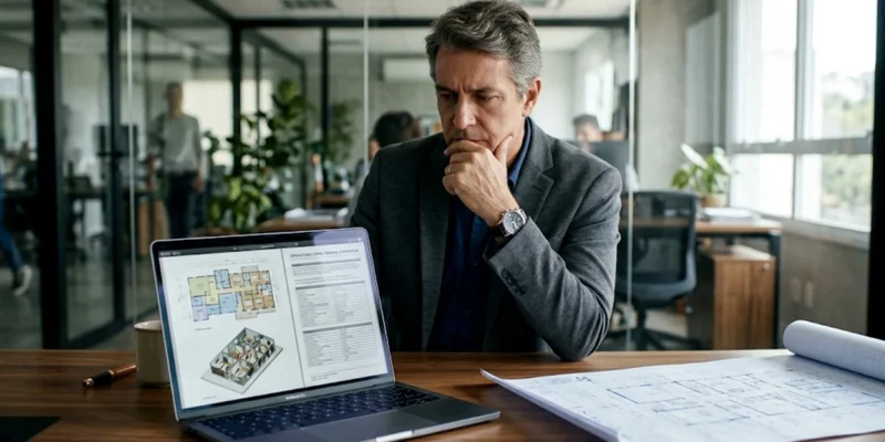 Profissional analisando documentação técnica de entrega de projeto em notebook em escritório corporativo.