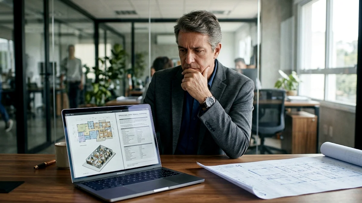 Profissional analisando documentação técnica de entrega de projeto em notebook em escritório corporativo.