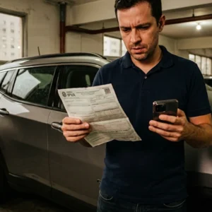 Homem em garagem de São Paulo segurando guia de IPVA com expressão de frustração próximo a seu carro novo.