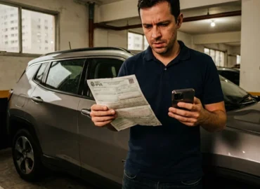 Homem em garagem de São Paulo segurando guia de IPVA com expressão de frustração próximo a seu carro novo.