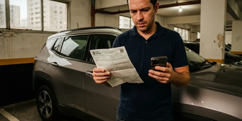 Homem em garagem de São Paulo segurando guia de IPVA com expressão de frustração próximo a seu carro novo.