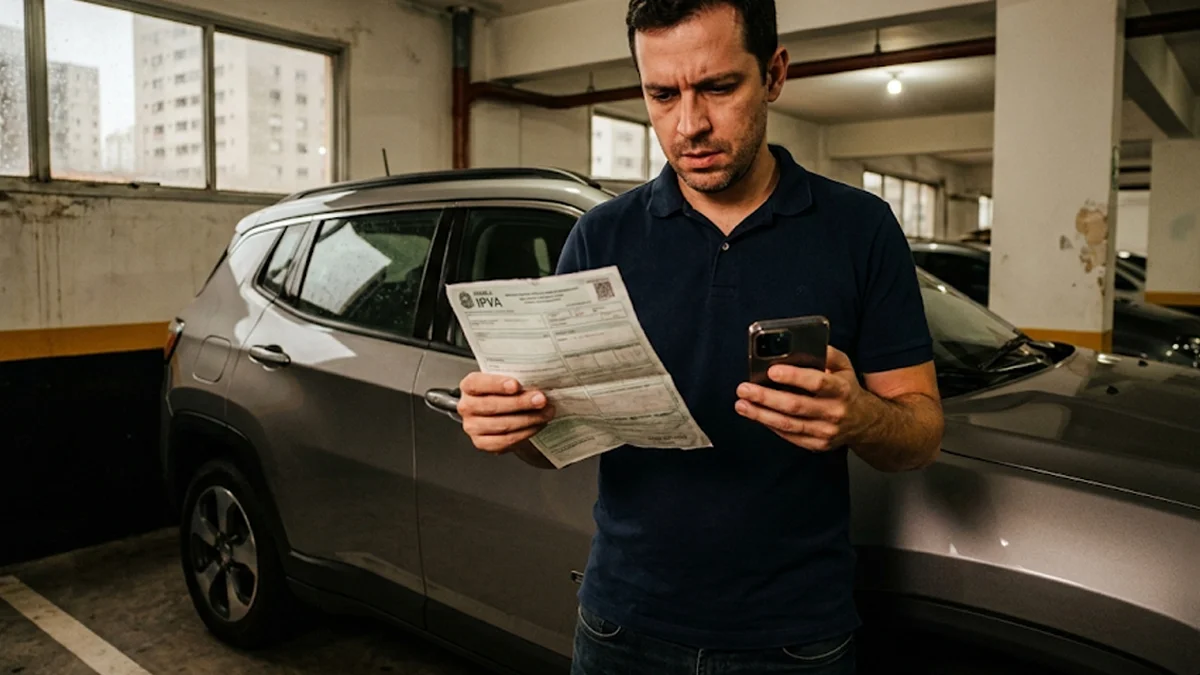 Homem em garagem de São Paulo segurando guia de IPVA com expressão de frustração próximo a seu carro novo.