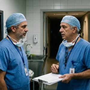 Dois cirurgiões com roupas privativas conversando sobre contrato de prestação de serviços médicos em ambiente hospitalar.