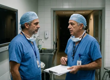 Dois cirurgiões com roupas privativas conversando sobre contrato de prestação de serviços médicos em ambiente hospitalar.