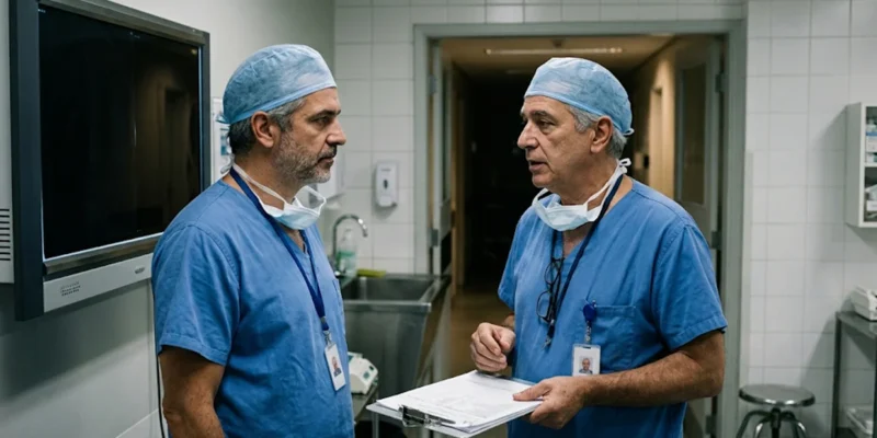 Dois cirurgiões com roupas privativas conversando sobre contrato de prestação de serviços médicos em ambiente hospitalar.