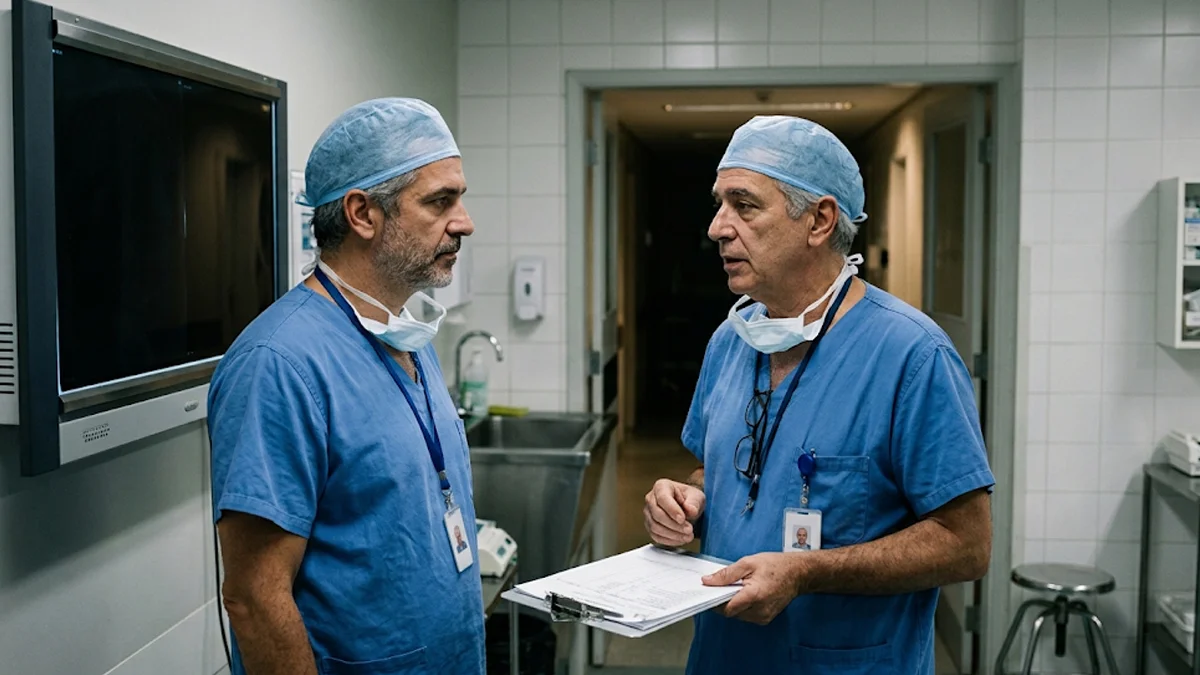 Dois cirurgiões com roupas privativas conversando sobre contrato de prestação de serviços médicos em ambiente hospitalar.