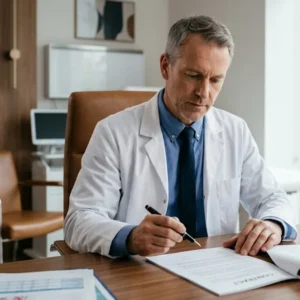 Médico analisando contrato em consultório moderno de coworking.