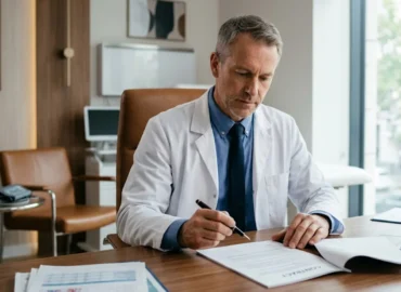 Médico analisando contrato em consultório moderno de coworking.