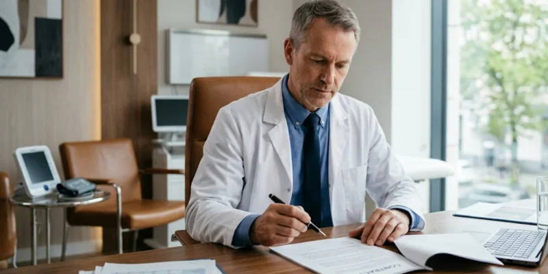 Médico analisando contrato em consultório moderno de coworking.
