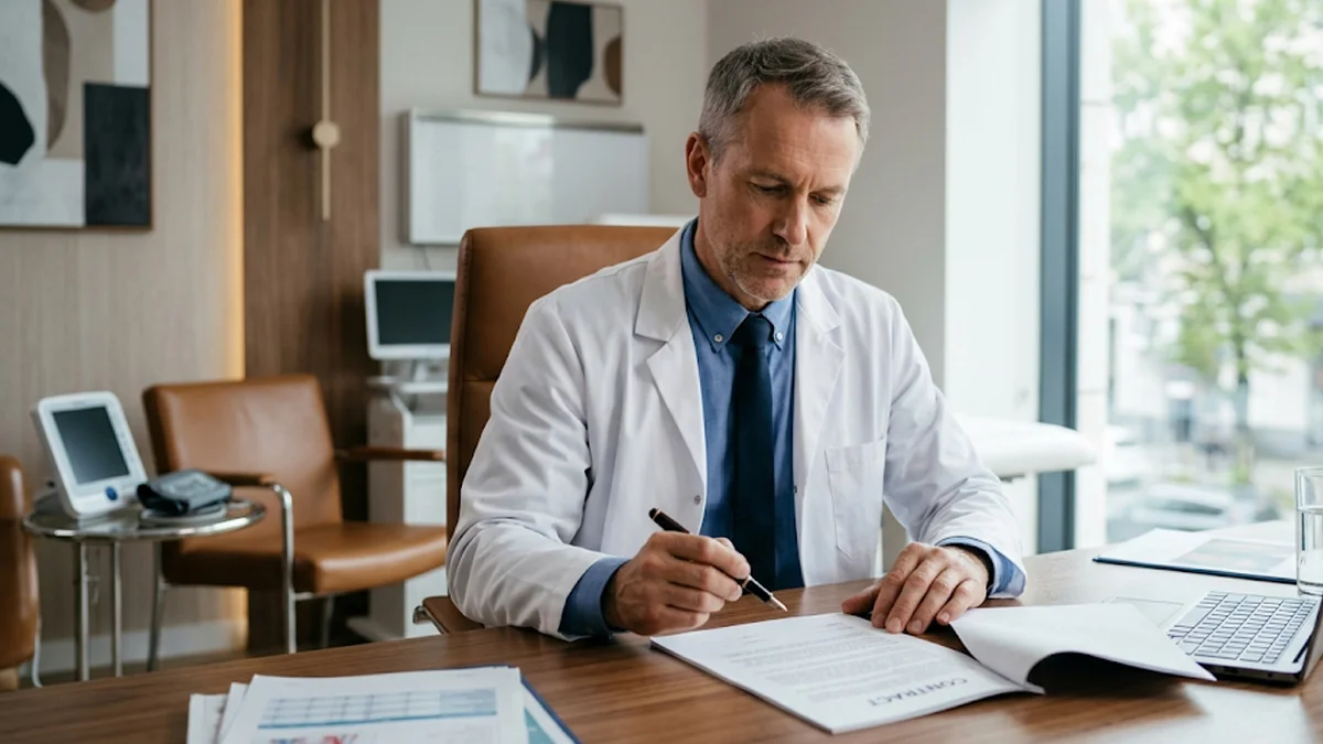 Médico analisando contrato em consultório moderno de coworking.