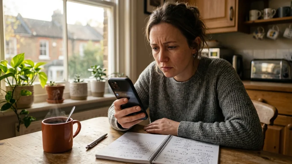 Pessoa segurando smartphone na mesa da cozinha pela manhã observando notificações de transações bancárias não autorizadas.