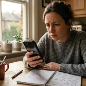 Pessoa segurando smartphone na mesa da cozinha pela manhã observando notificações de transações bancárias não autorizadas.