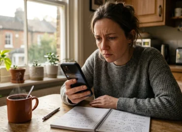 Pessoa segurando smartphone na mesa da cozinha pela manhã observando notificações de transações bancárias não autorizadas.