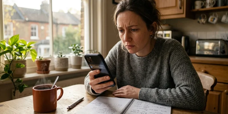 Pessoa segurando smartphone na mesa da cozinha pela manhã observando notificações de transações bancárias não autorizadas.