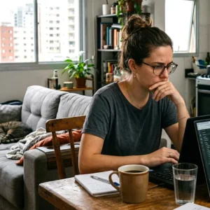 Mulher trabalhando em notebook na cozinha de sua casa em São Paulo, representando o desafio da privacidade no home office.
