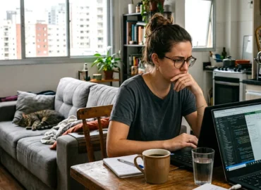Mulher trabalhando em notebook na cozinha de sua casa em São Paulo, representando o desafio da privacidade no home office.