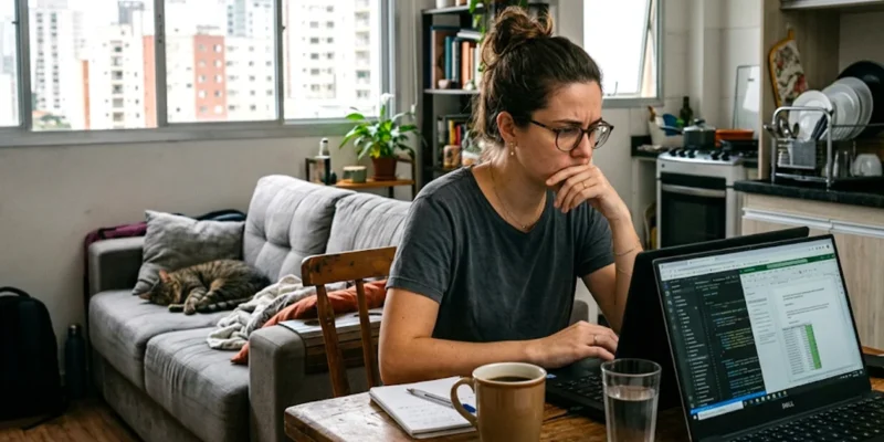 Mulher trabalhando em notebook na cozinha de sua casa em São Paulo, representando o desafio da privacidade no home office.