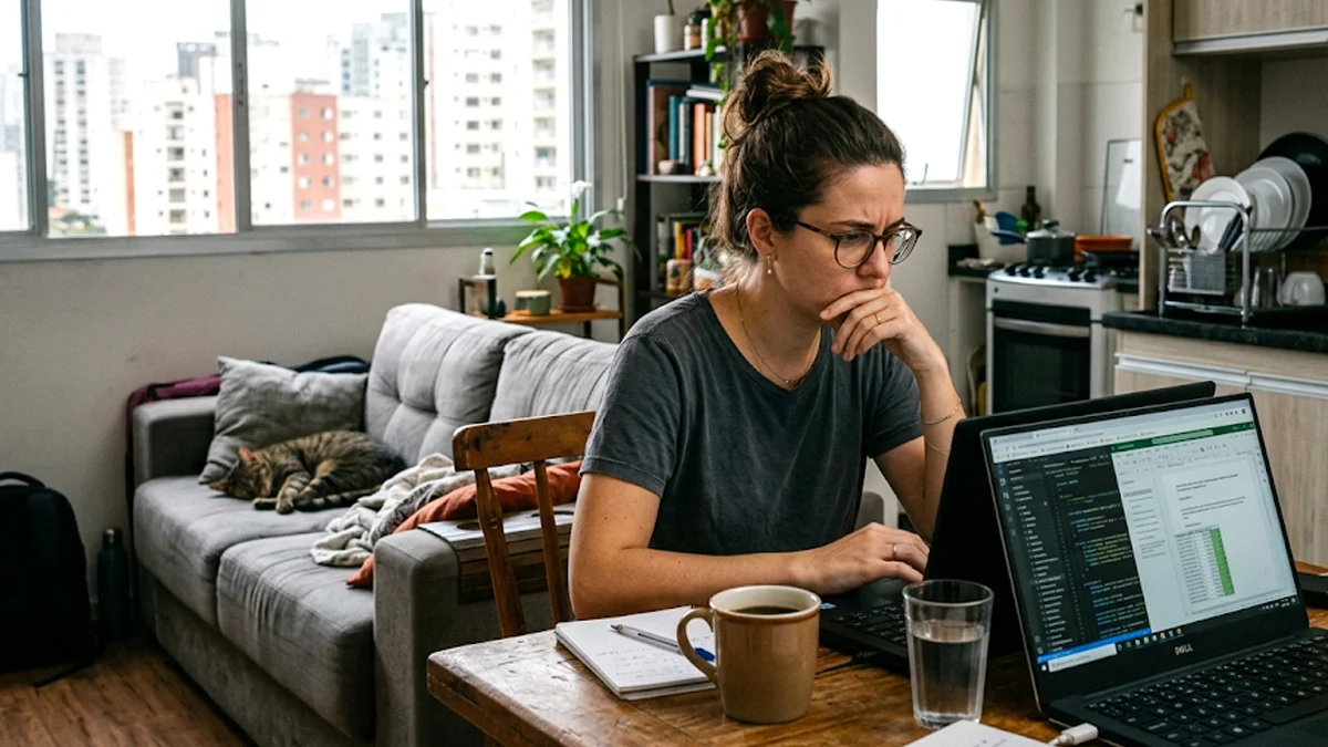 Mulher trabalhando em notebook na cozinha de sua casa em São Paulo, representando o desafio da privacidade no home office.