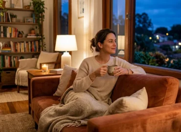 Pessoa relaxando tranquilamente no sofá de casa ao final do dia, representando a paz e o direito ao sossego no ambiente doméstico.