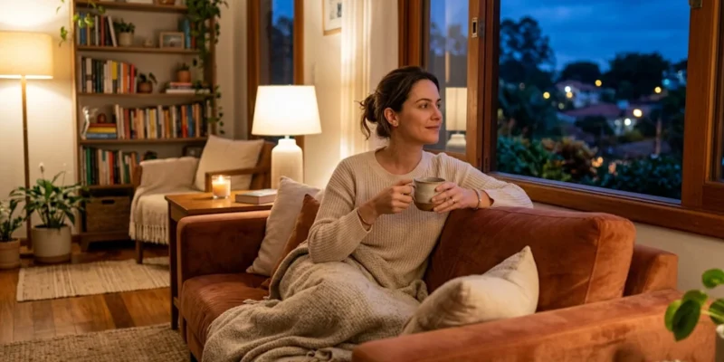 Pessoa relaxando tranquilamente no sofá de casa ao final do dia, representando a paz e o direito ao sossego no ambiente doméstico.