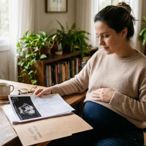 Mulher grávida sentada à mesa revisando documentos médicos de pré-natal e ultrassonografia para solicitar alimentos gravídicos.