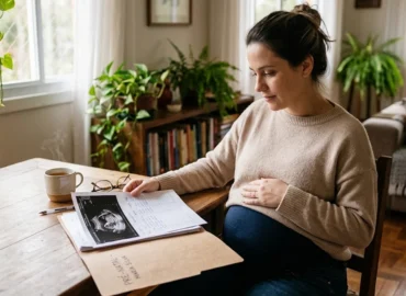 Mulher grávida sentada à mesa revisando documentos médicos de pré-natal e ultrassonografia para solicitar alimentos gravídicos.