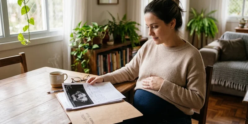 Mulher grávida sentada à mesa revisando documentos médicos de pré-natal e ultrassonografia para solicitar alimentos gravídicos.