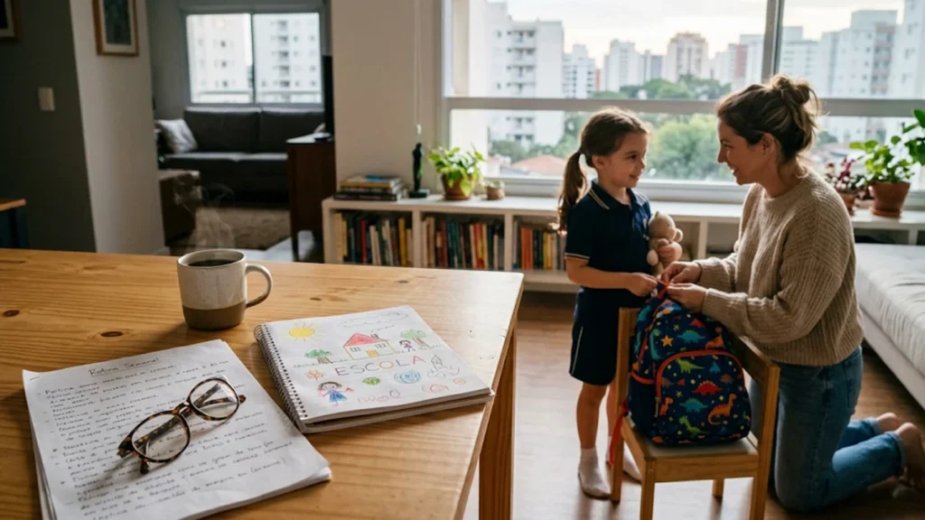 Caderno infantil e documentos sobre mesa de madeira com pai auxiliando filho ao fundo em apartamento residencial.
