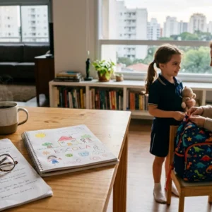 Caderno infantil e documentos sobre mesa de madeira com pai auxiliando filho ao fundo em apartamento residencial.