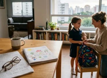 Caderno infantil e documentos sobre mesa de madeira com pai auxiliando filho ao fundo em apartamento residencial.