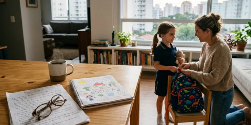 Caderno infantil e documentos sobre mesa de madeira com pai auxiliando filho ao fundo em apartamento residencial.