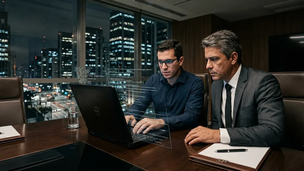 Perito em tecnologia e advogado analisando dados em um notebook para comprovar concorrência desleal e desvio de clientes por sócio.