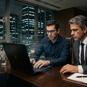 Perito em tecnologia e advogado analisando dados em um notebook para comprovar concorrência desleal e desvio de clientes por sócio.