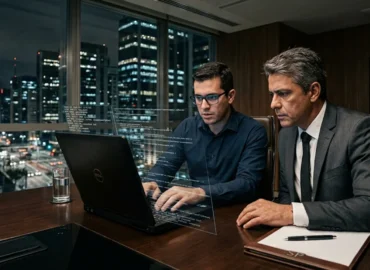 Perito em tecnologia e advogado analisando dados em um notebook para comprovar concorrência desleal e desvio de clientes por sócio.
