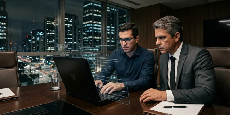 Perito em tecnologia e advogado analisando dados em um notebook para comprovar concorrência desleal e desvio de clientes por sócio.