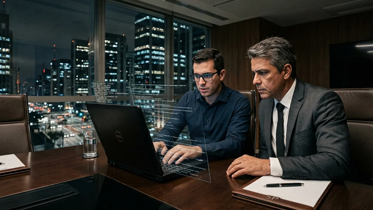 Perito em tecnologia e advogado analisando dados em um notebook para comprovar concorrência desleal e desvio de clientes por sócio.