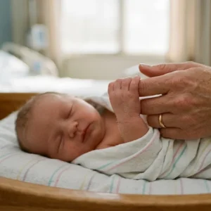 Mãe segurando a mão de bebê recém-nascido em berço hospitalar, ilustrando a garantia de cobertura médica pelo plano de saúde nos primeiros 30 dias.