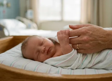 Mãe segurando a mão de bebê recém-nascido em berço hospitalar, ilustrando a garantia de cobertura médica pelo plano de saúde nos primeiros 30 dias.