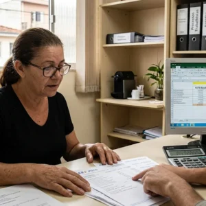 Trabalhador analisando extrato analítico do FGTS e comprovantes do INSS junto a especialista para regularizar pendências trabalhistas.