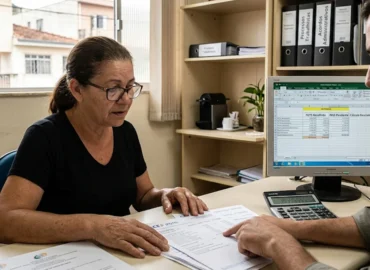 Trabalhador analisando extrato analítico do FGTS e comprovantes do INSS junto a especialista para regularizar pendências trabalhistas.