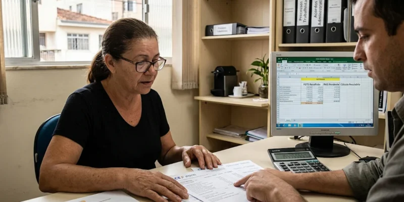 Trabalhador analisando extrato analítico do FGTS e comprovantes do INSS junto a especialista para regularizar pendências trabalhistas.