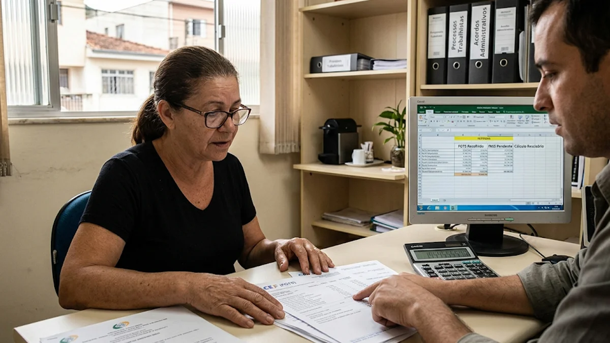 Trabalhador analisando extrato analítico do FGTS e comprovantes do INSS junto a especialista para regularizar pendências trabalhistas.