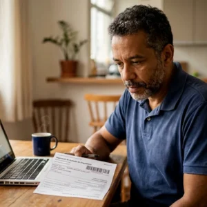 Consumidor analisando comprovante e boleto de quitação de empréstimo fraudado sobre a mesa.