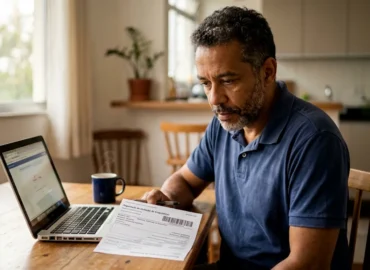 Consumidor analisando comprovante e boleto de quitação de empréstimo fraudado sobre a mesa.