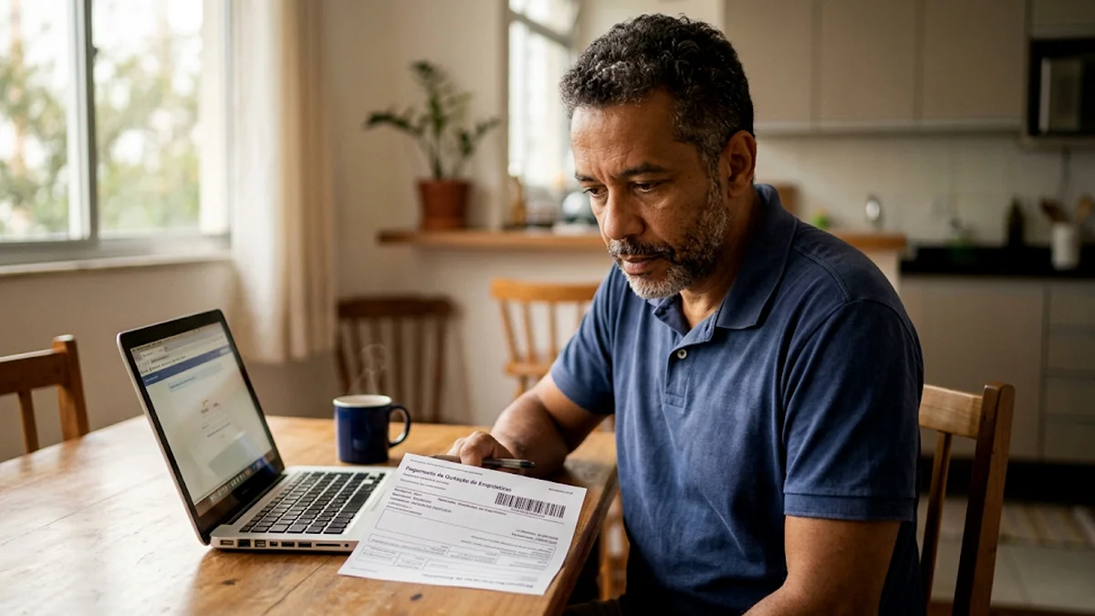 Consumidor analisando comprovante e boleto de quitação de empréstimo fraudado sobre a mesa.