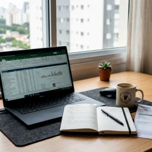 Mesa de trabalho em home office com notebook corporativo, faturas de consumo e material de escritório sobre a mesa.